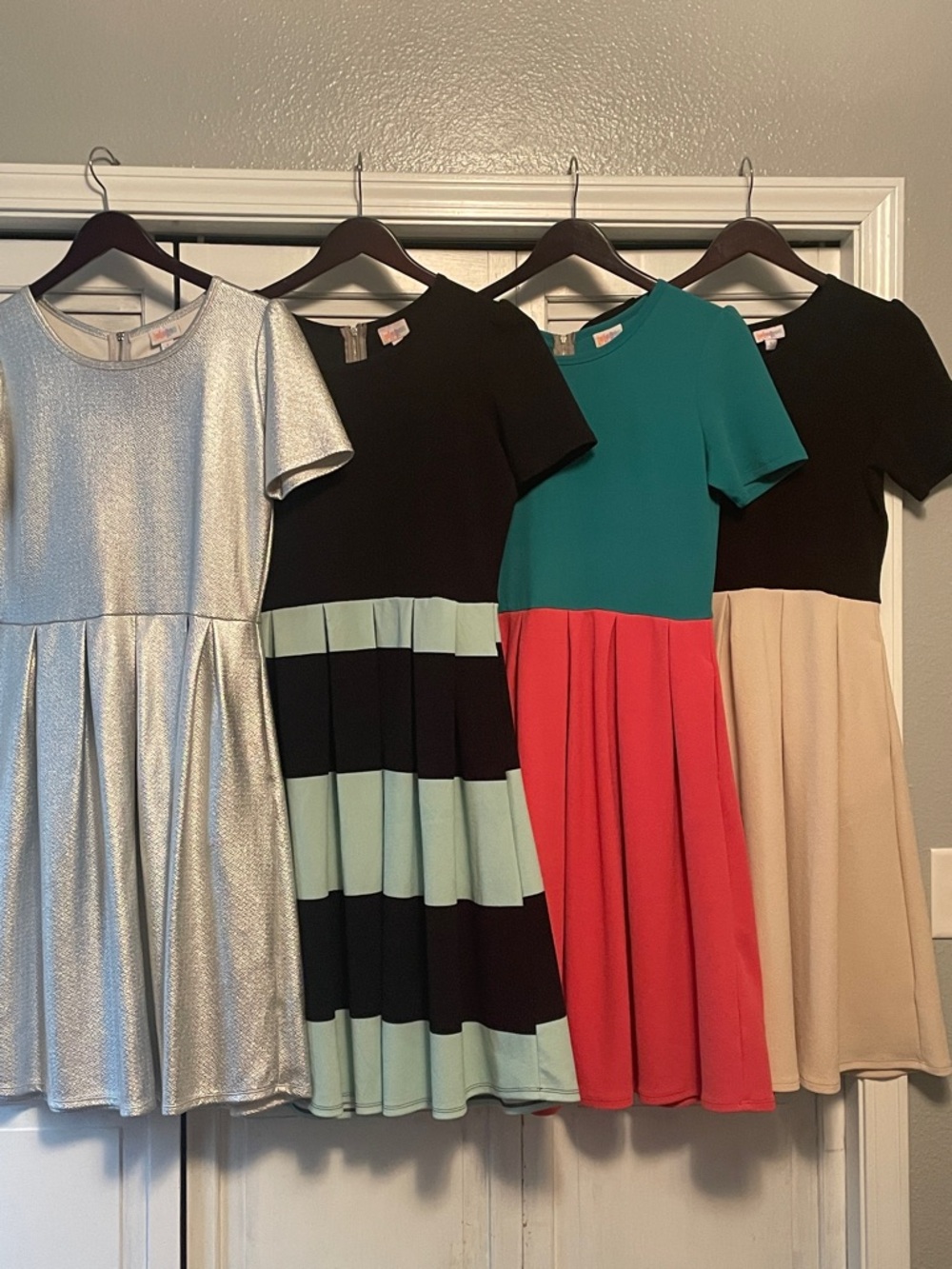 Four LuLaRoe Amelia dresses - solids and stripes, size L
